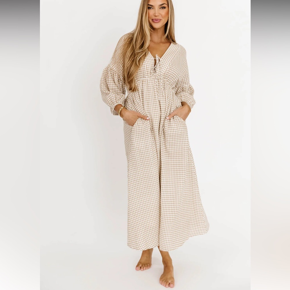 Hunter Printed Gauze Midi Dress in Natural Plaid